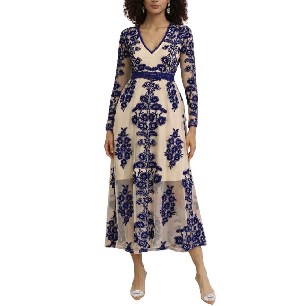 Chicwish Embroidered Lace Midi Dress Blue Floral Sheer Overlay Size Small Formal
